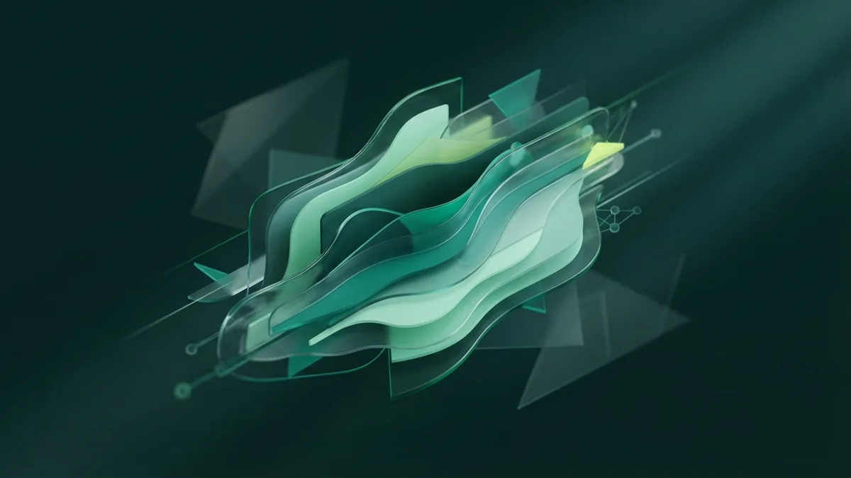 Layered green planes come together to represent the parts of a brand strategy