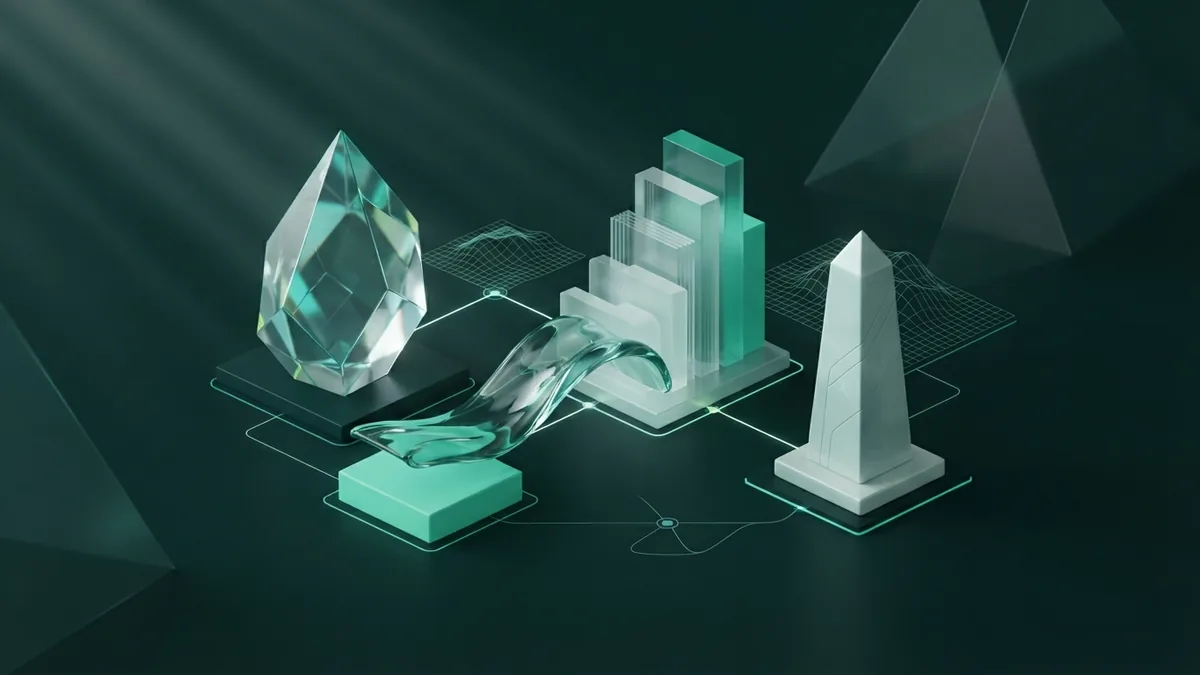 Geometric forms linked by light paths to represent connected SEO metrics
