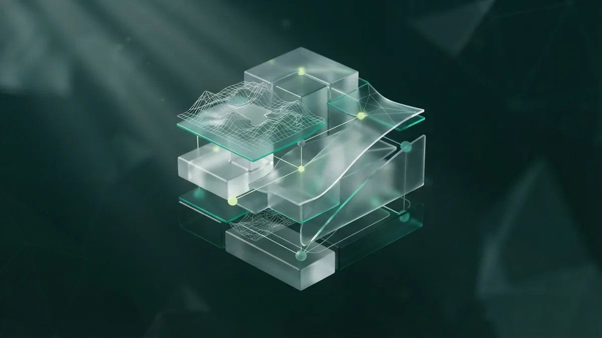 Translucent geometric forms align into a structure representing content matched to search intent