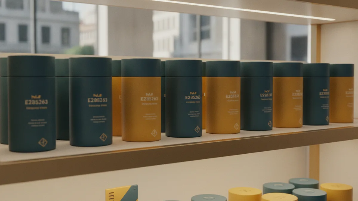 Retail products arranged in a clear shelf display with consistent visual style
