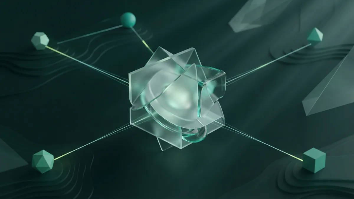 A central glass form linked to distant nodes, representing brand recognition and customer trust