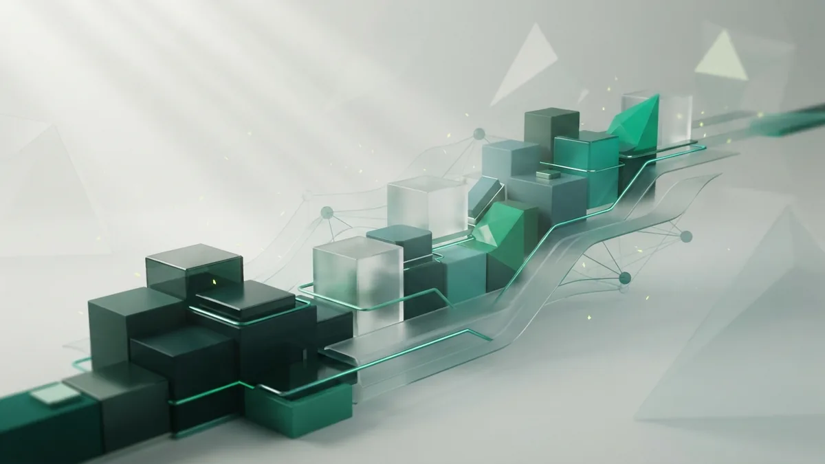 A clear path for building brand strategy Ordered green geometric blocks connected along a path to represent brand strategy planning