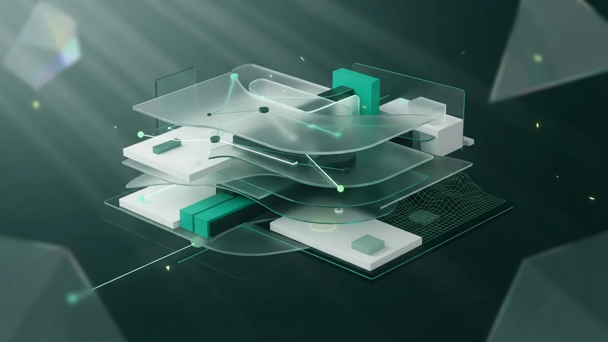 Overlapping green glass planes forming a unified visual identity with a calm, modern feel