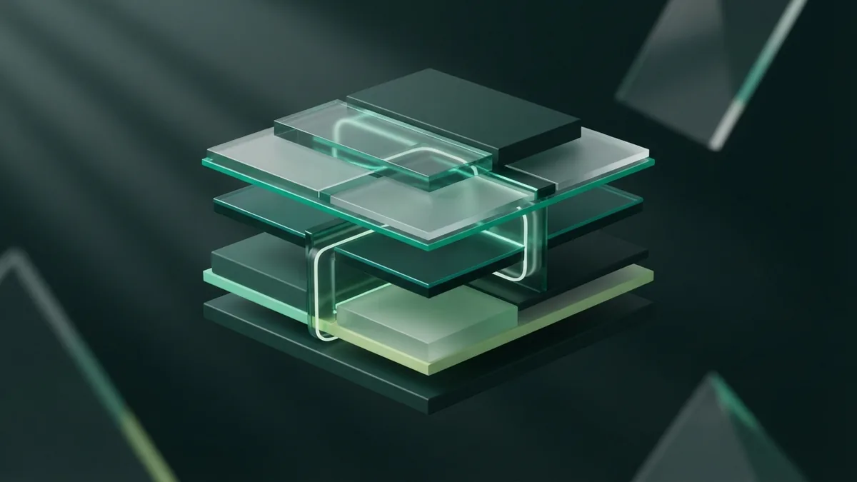Stable glass layers and a light path represent trust built through consistent actions