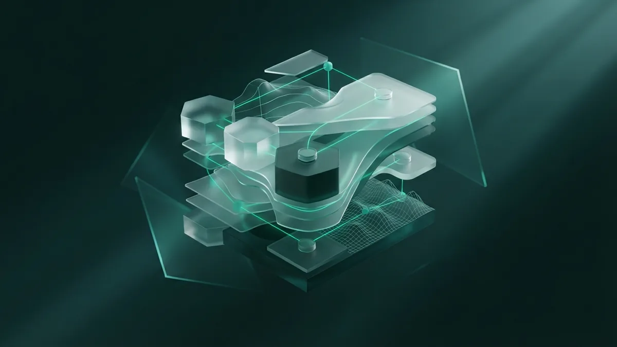 Geometric layers and light paths symbolize building a web app feature by feature