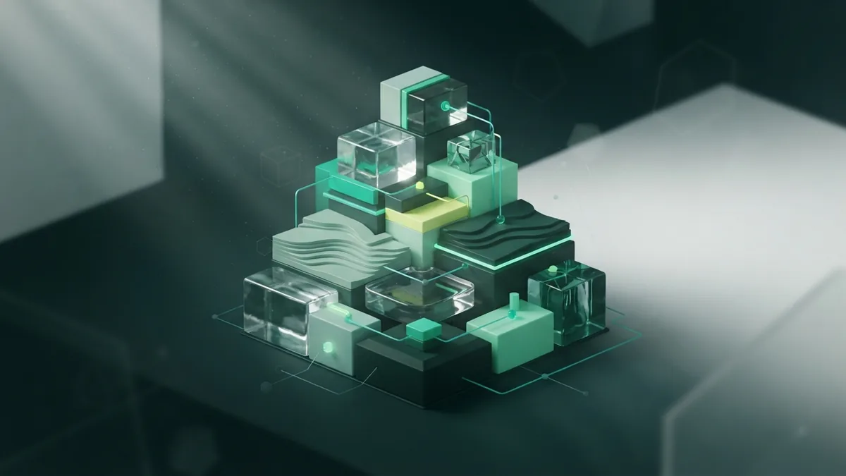 Modular glass blocks linked as a visual metaphor for a web technology stack