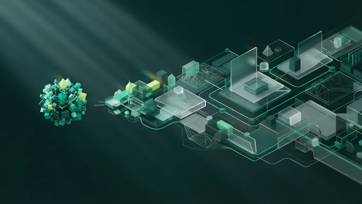 Stages from idea to app release Layered geometric blocks show a mobile application moving through planned development stages