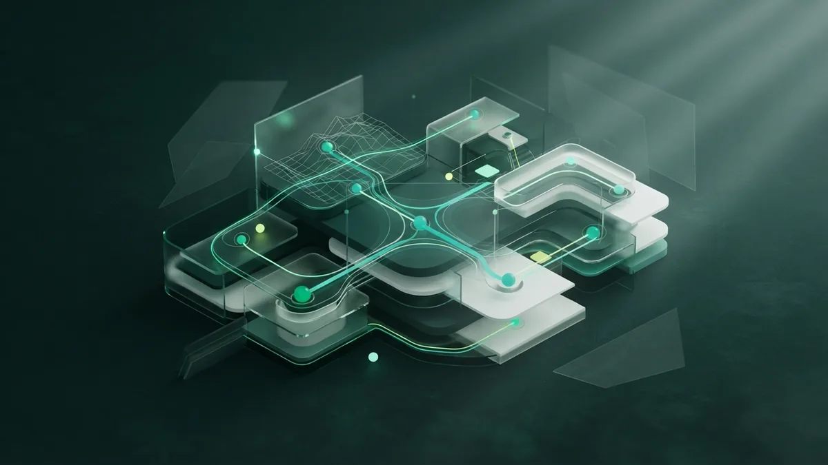How app development phases connect Translucent planes and linked nodes represent the role of each app development phase