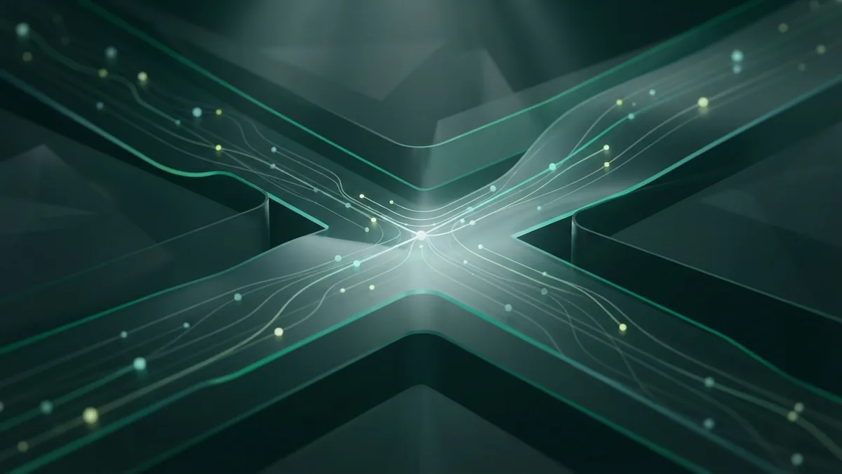 Clear paths to useful content Flowing translucent planes guide light nodes toward a clear focal point