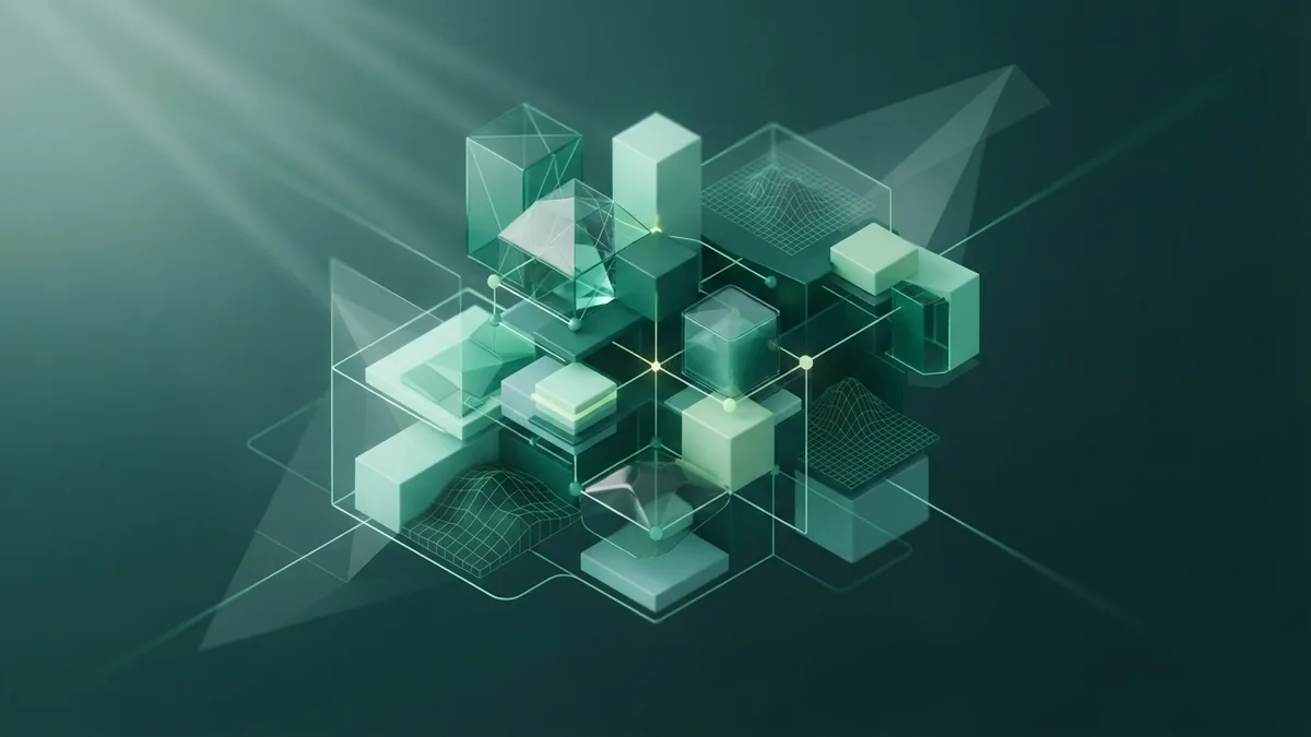 Core marketing skills working together Linked geometric blocks represent the core skills used in digital marketing
