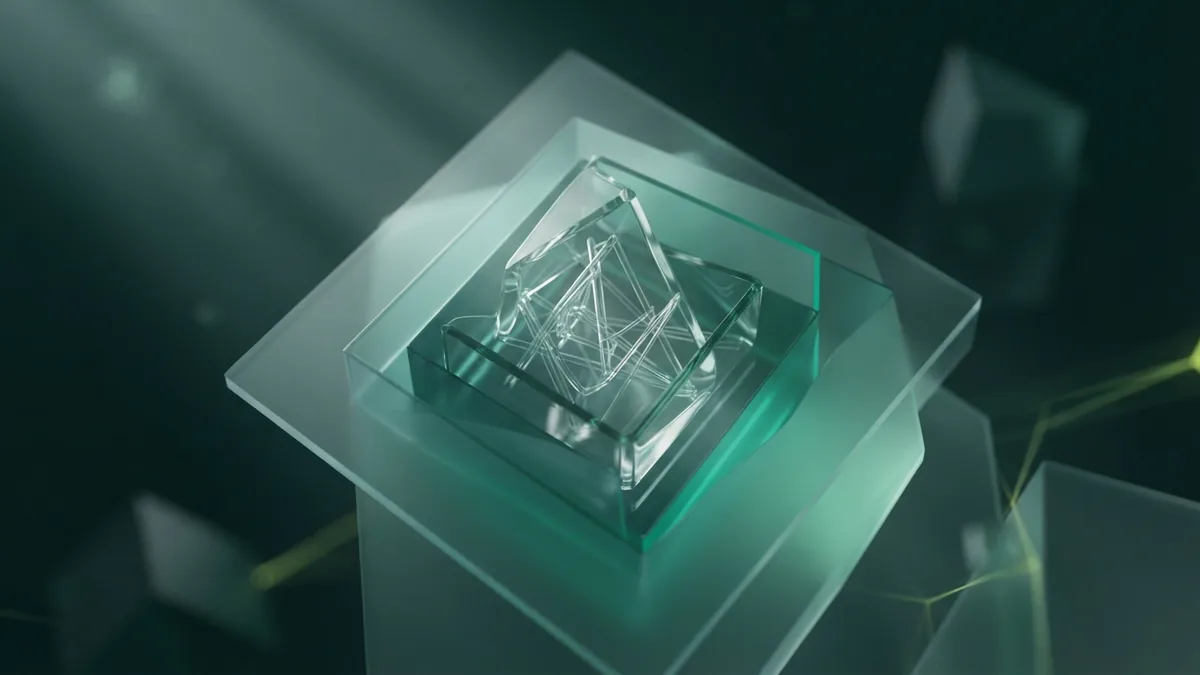 Shape a concise personal brand statement A clear glass shape framed by layered planes, symbolizing a concise brand statement