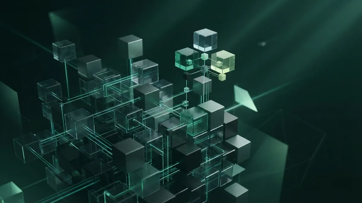 Glass data blocks linked by light paths, with raised forms suggesting competitor research