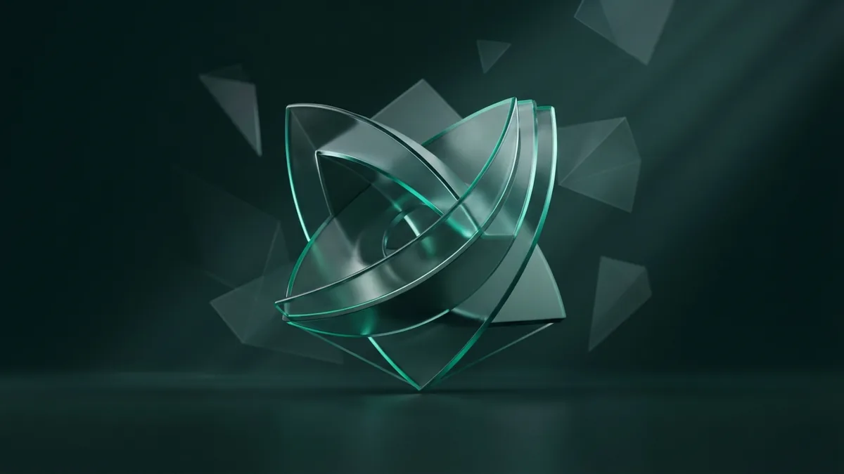 Abstract geometric symbol built from glass curves and matte planes in emerald light