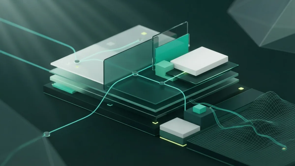 Abstract modular panels linked by teal light paths in a refined dark green composition