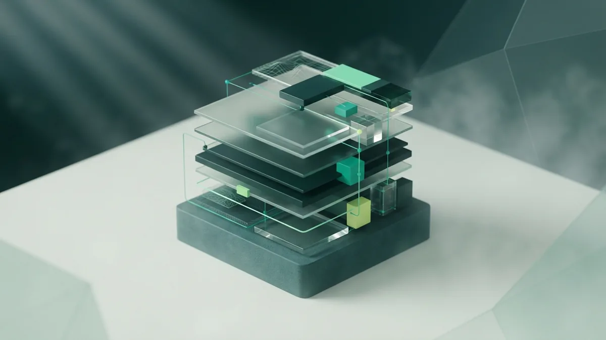 Translucent layered panels suggest a curated collection of graphic design portfolio work