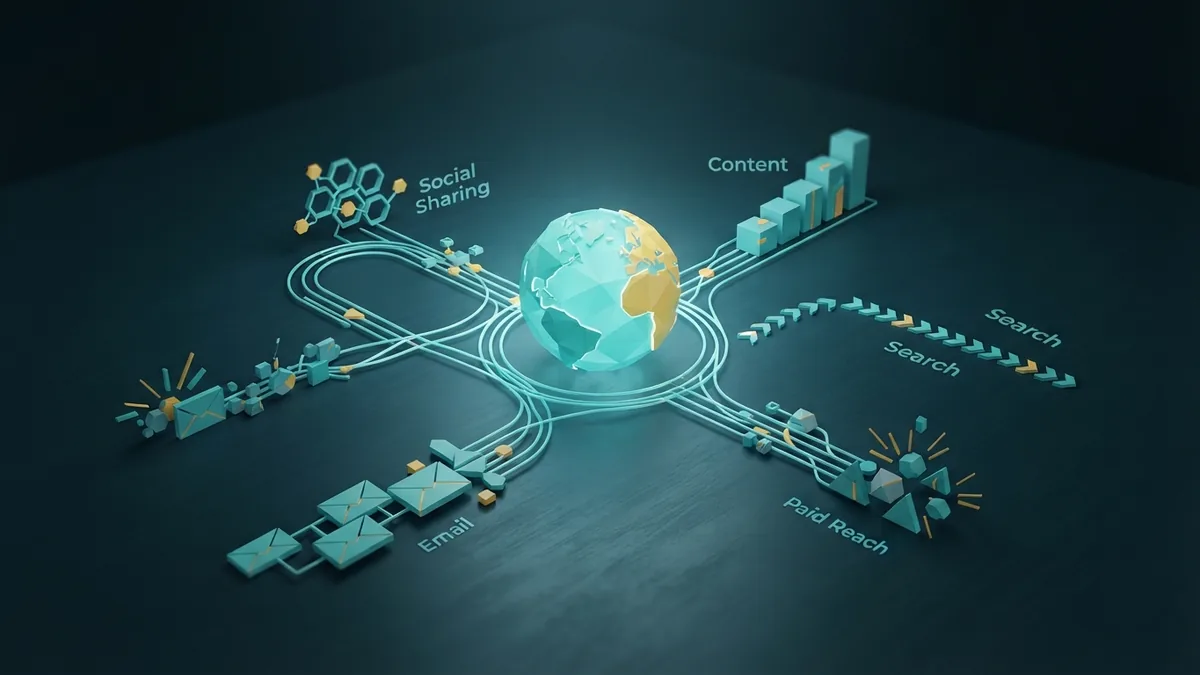 Connected digital channels representing SEO, email, social media, content, and paid ads