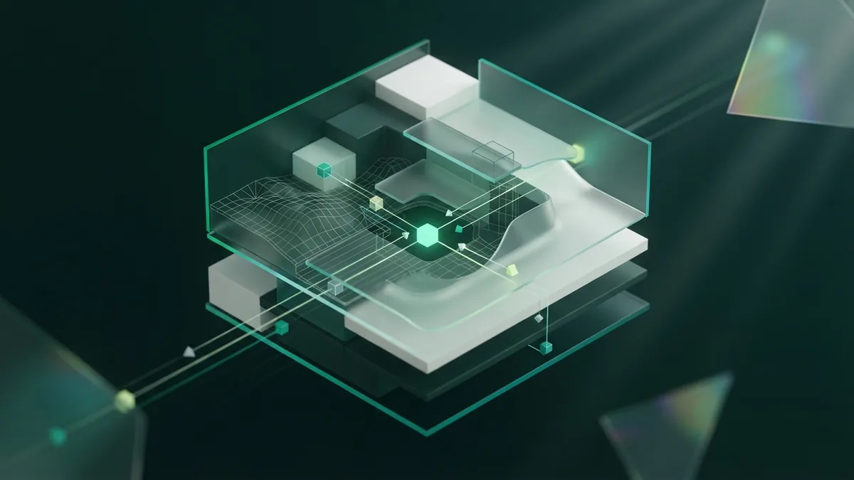 Layered glass portfolio structure with emerald paths and measured growth