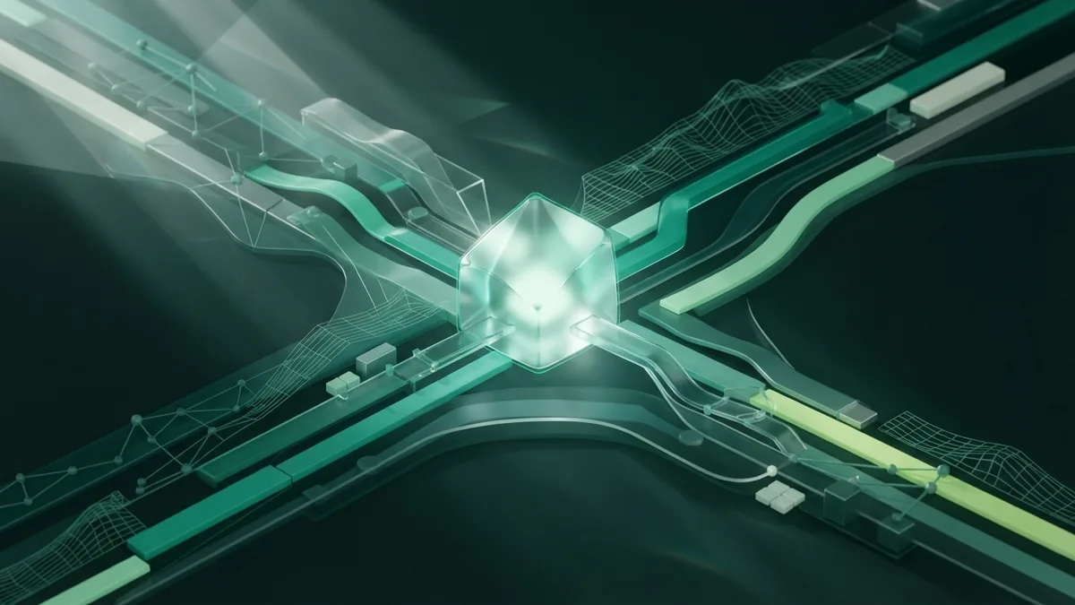 Layered light paths converge on one form to represent a focused digital marketing strategy