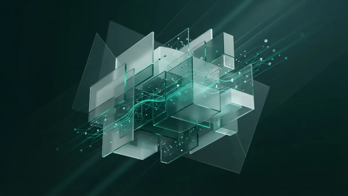 Abstract glass modules and light paths representing connected digital marketing channels
