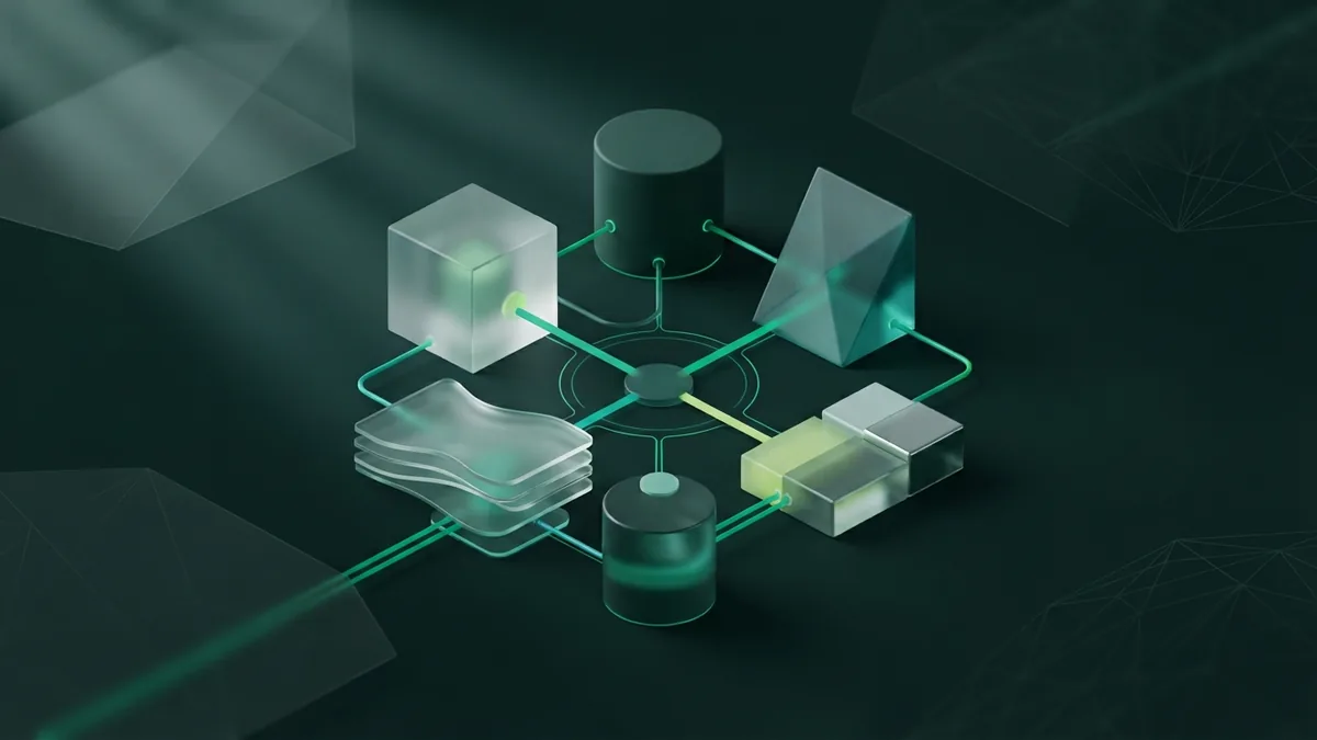 Five balanced abstract forms linked by emerald paths to represent XP core values