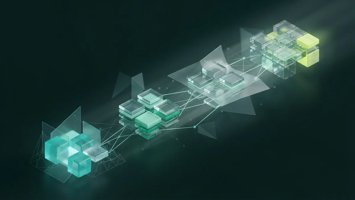 Modular glass blocks moving through linked stages of an XP development cycle