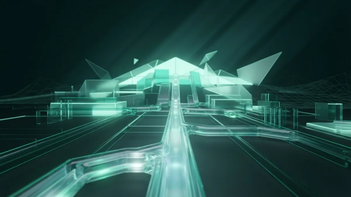 The future path of XP Liquid glass paths leading toward a clear geometric horizon in deep green tones