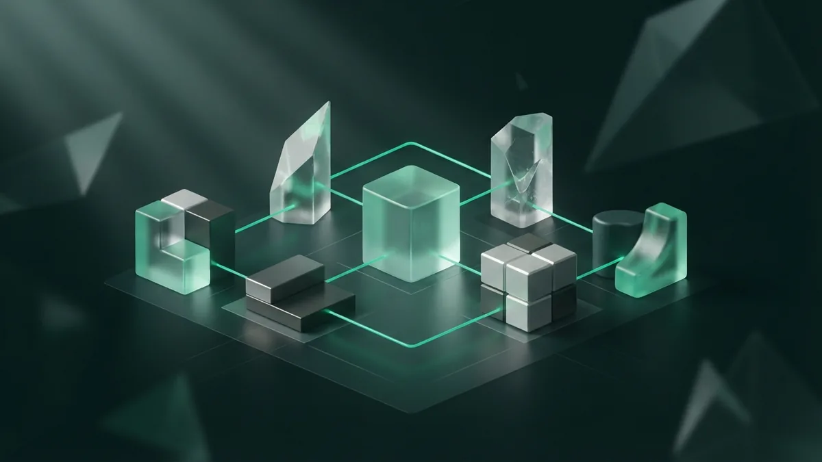 Core values shown as connected forms Five connected abstract forms representing shared values in an XP software team