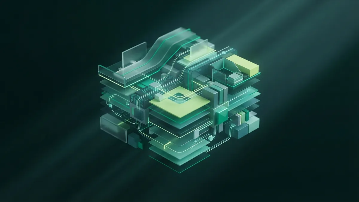 XP practices in a modular system Layered teal structures showing testing, pairing, and steady software delivery