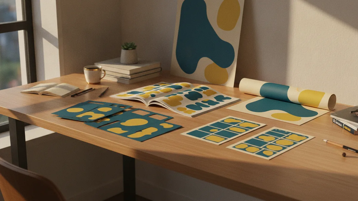 Designer reviewing printed layouts and digital design tools during a project