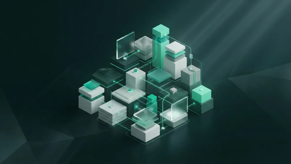 Modular SEO strategy structure Abstract SEO strategy with linked modular blocks and clear paths through a dark green space