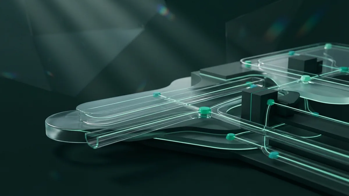 Abstract technical SEO network with connected glass channels and emerald nodes