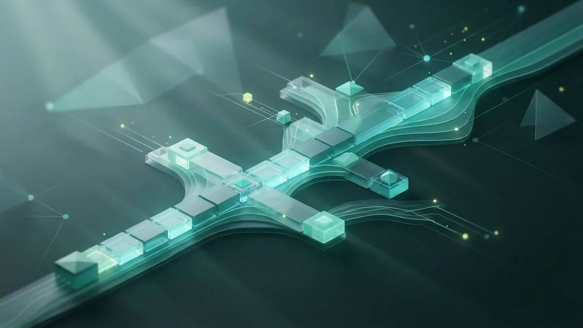 Modular emerald blocks form a clear branching path through a dark digital landscape