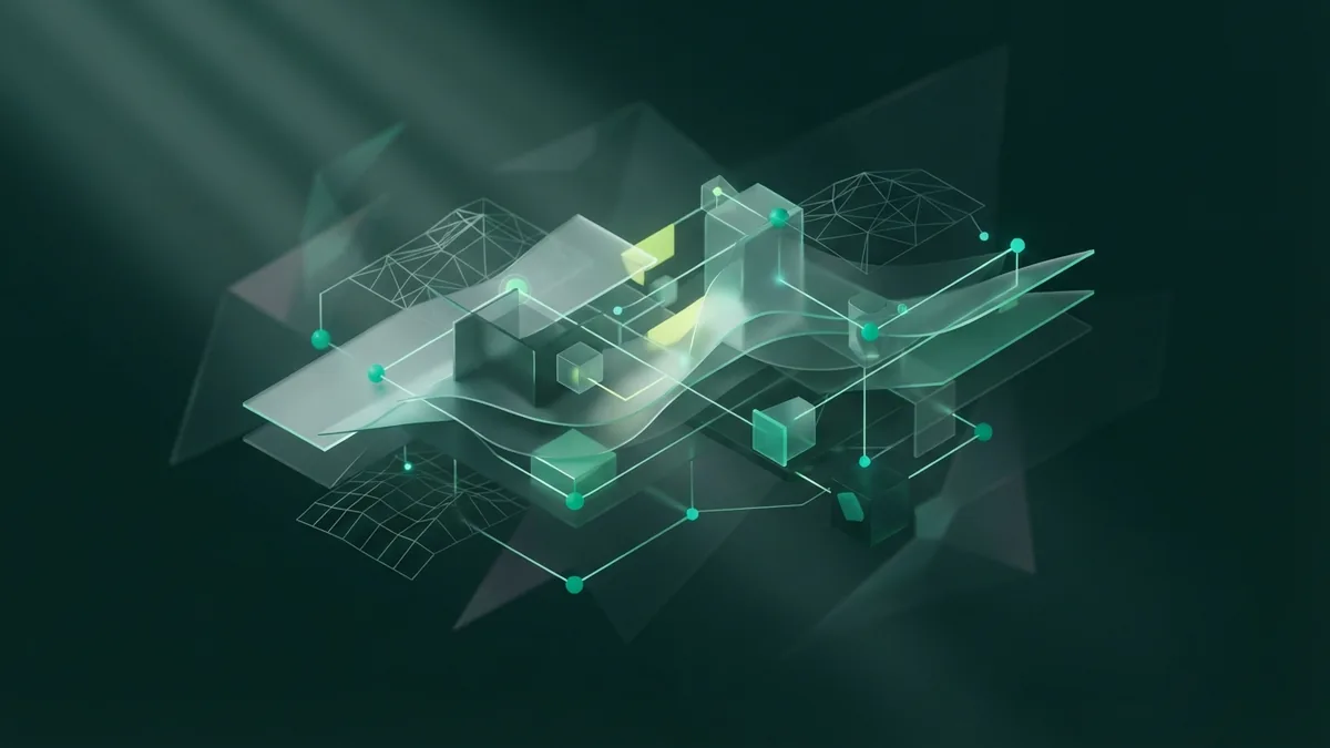 Connected skills in a digital network Glowing nodes connect geometric planes in an abstract digital marketing skills network