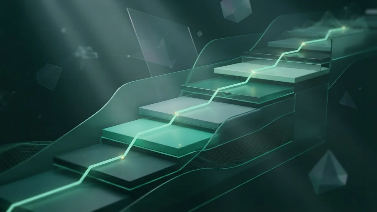 Steady steps toward practical experience Emerald platforms rise in steps with a mint path showing practical career progress