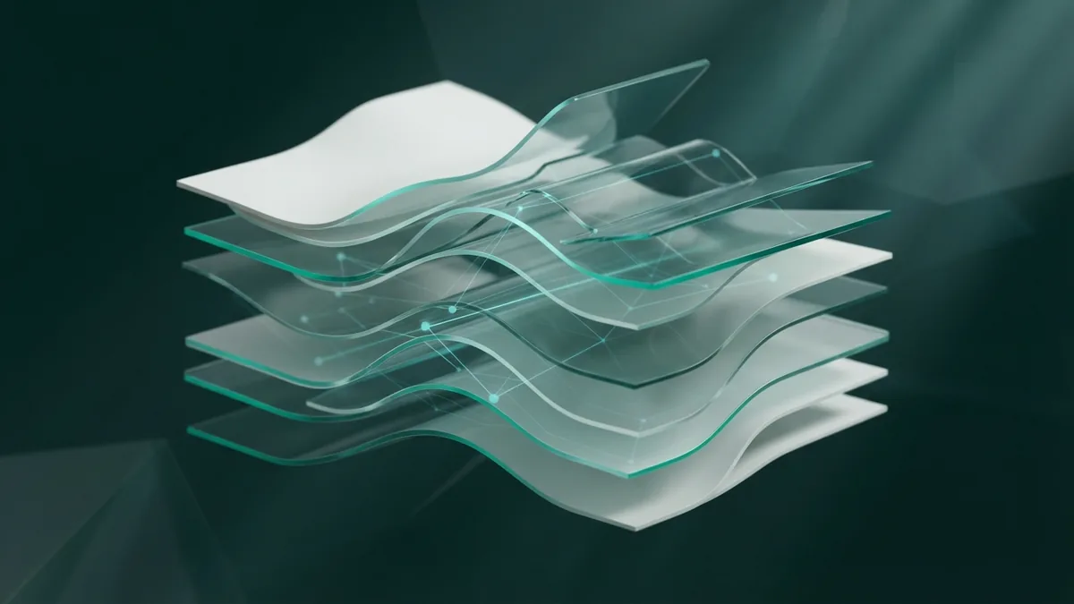 Build content that earns attention Layered abstract glass planes representing useful and well-structured website content