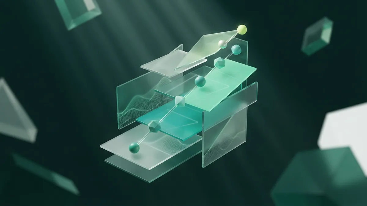 Organized resources for SEO study Orderly green glass planes and nodes representing SEO learning resources and study paths