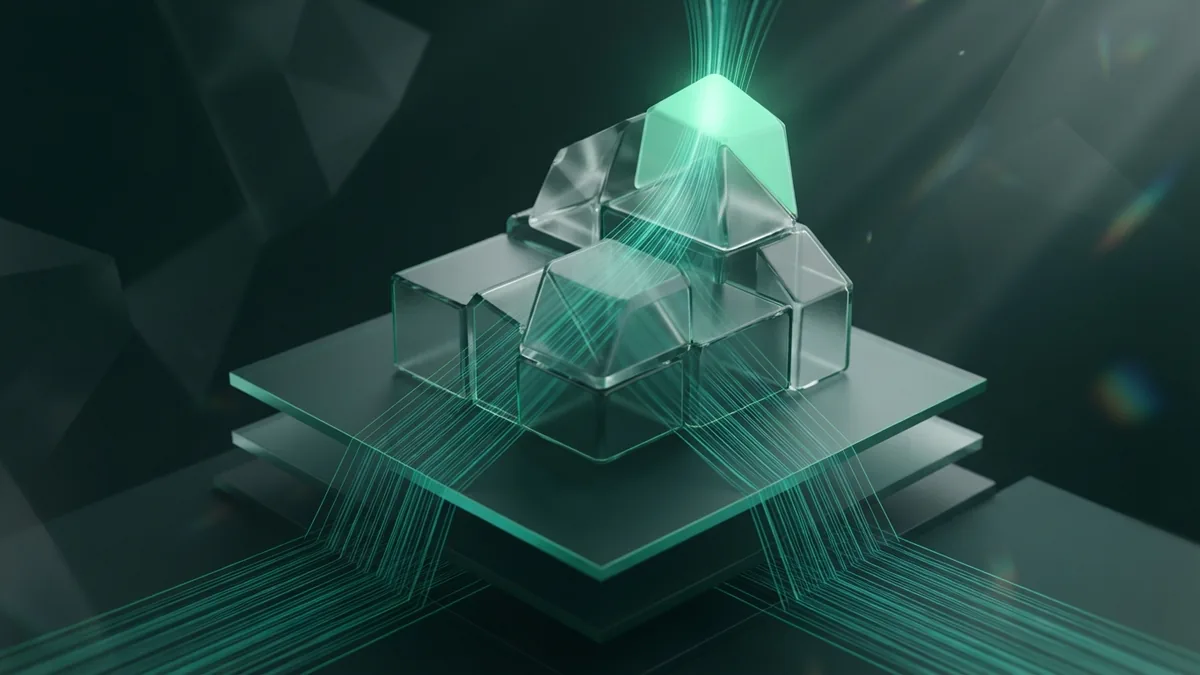 Video optimization as a clear path Layered glass forms with emerald paths symbolizing clear video titles, descriptions, and viewer engagement