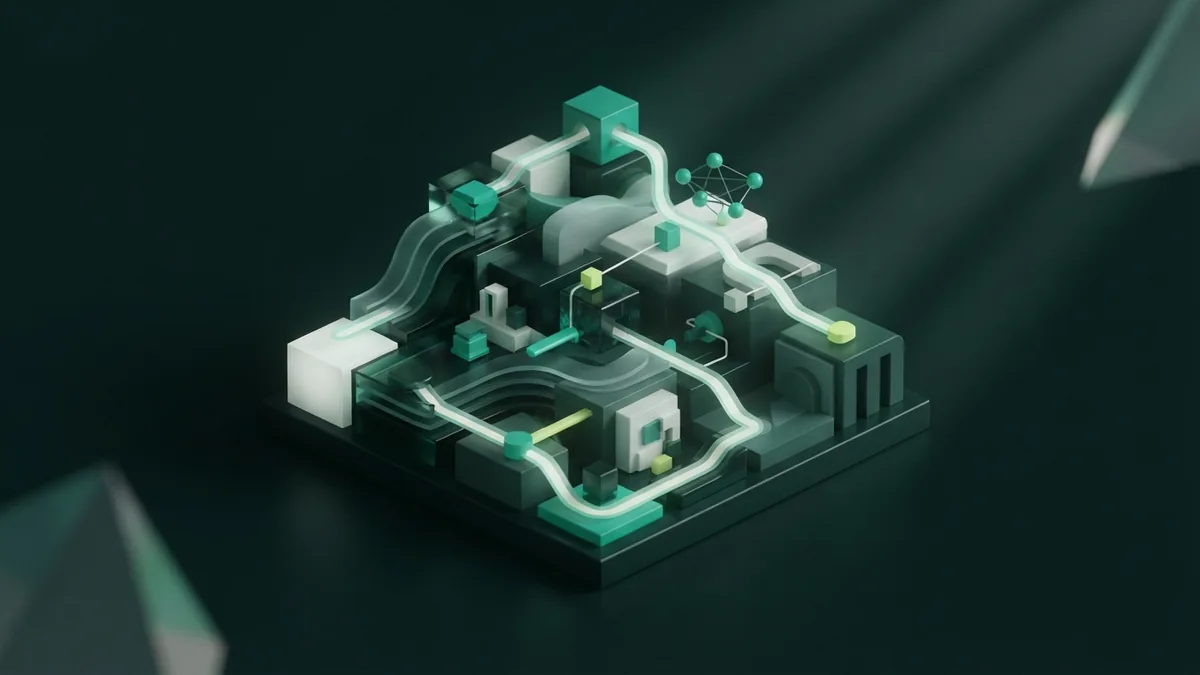 Structured path through design resources Modular geometric blocks linked by emerald light paths for free design learning