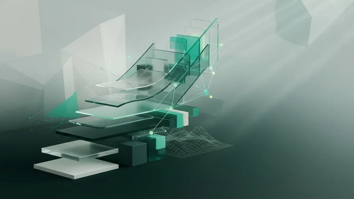 Portfolio progress through layered forms Layered translucent panels showing progress toward a strong design portfolio