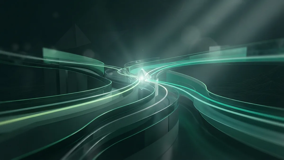 Organic search supports brand growth Luminous paths moving through layered glass forms, a metaphor for organic search traffic and brand visibility