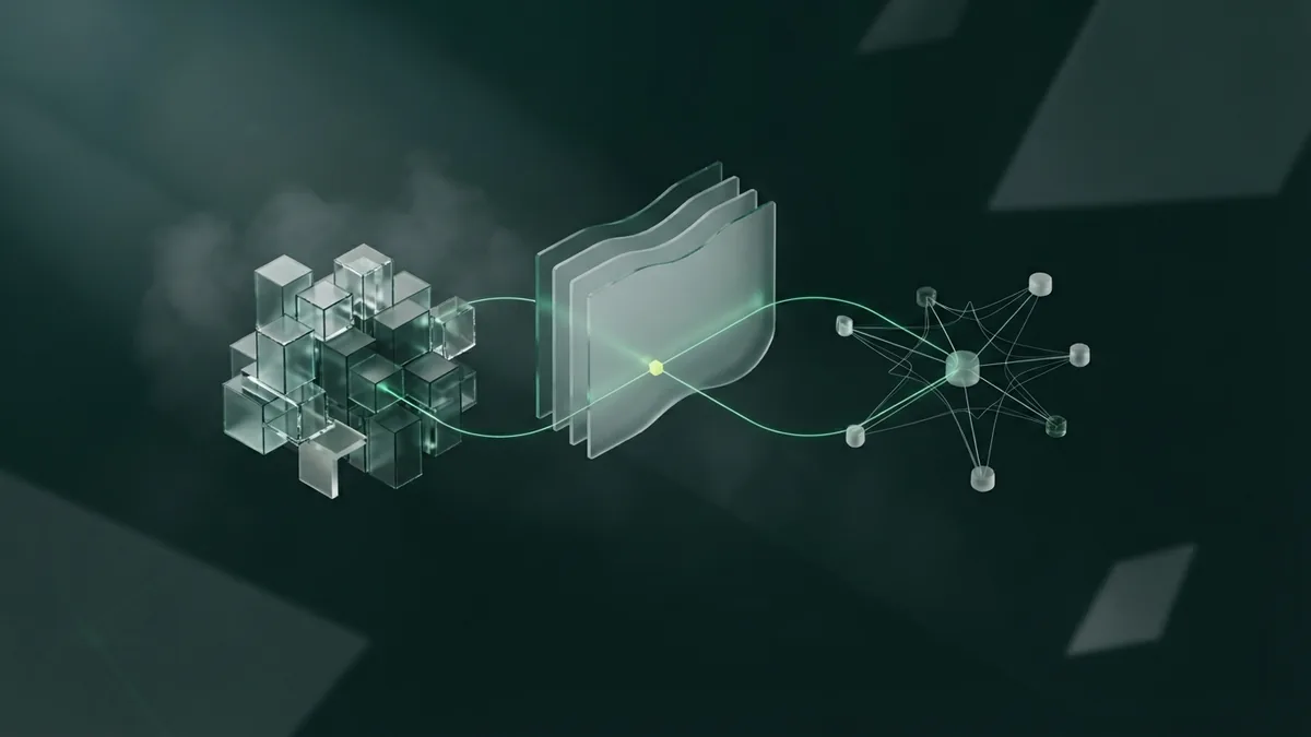Three connected SEO strategy areas Three linked geometric glass forms representing on-page, off-page, and technical SEO strategies