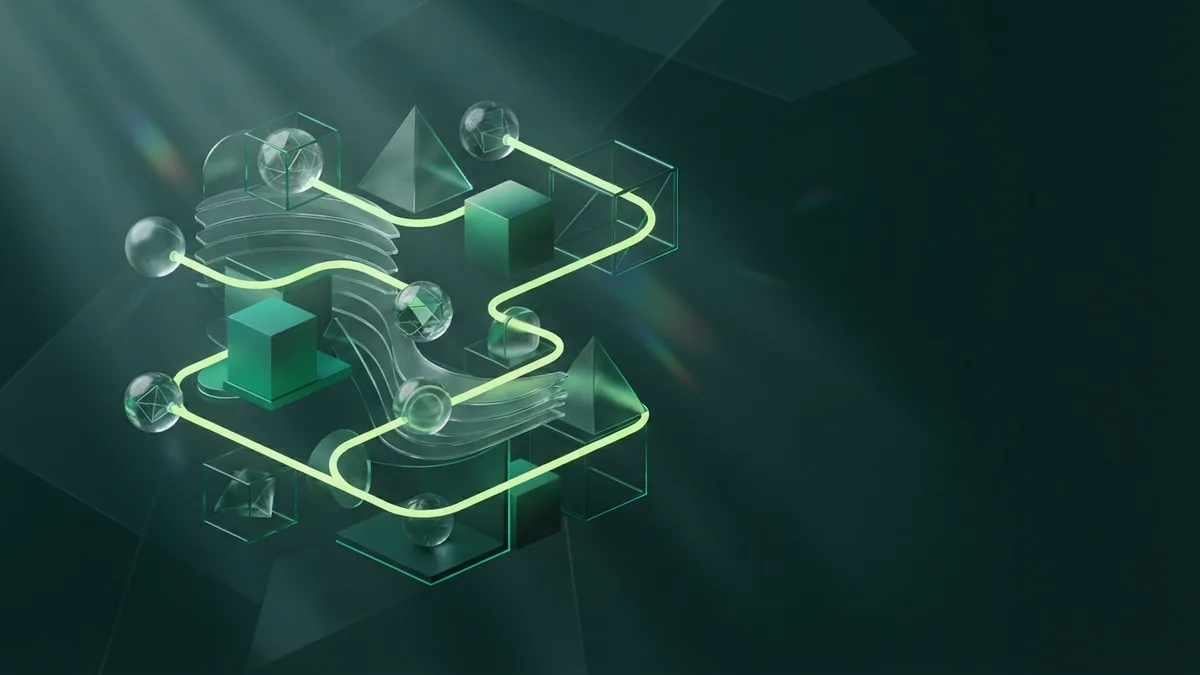 Connected glass nodes and geometric blocks showing factors that shape SEO progress