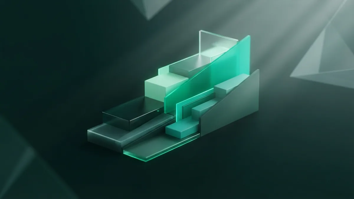 Abstract SEO progress stages Stepped translucent planes showing gradual progress through an abstract green landscape
