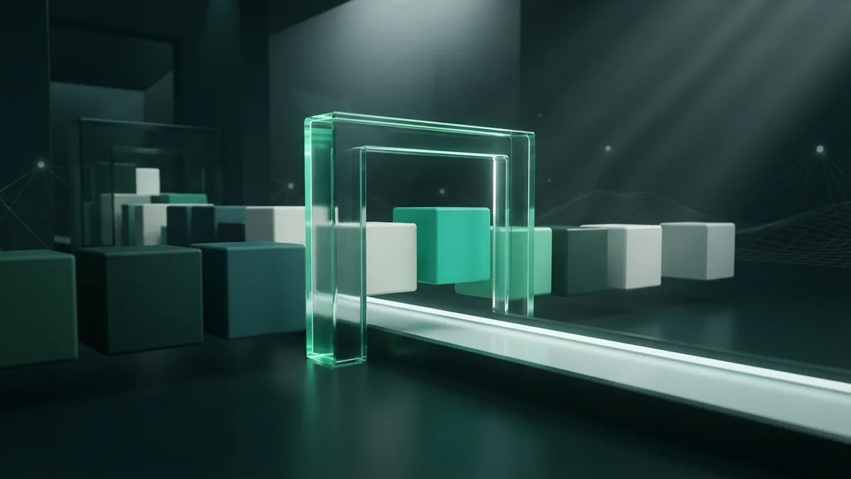 Abstract site change pathway Modular blocks moving through a precise glass gateway in a dark green abstract scene