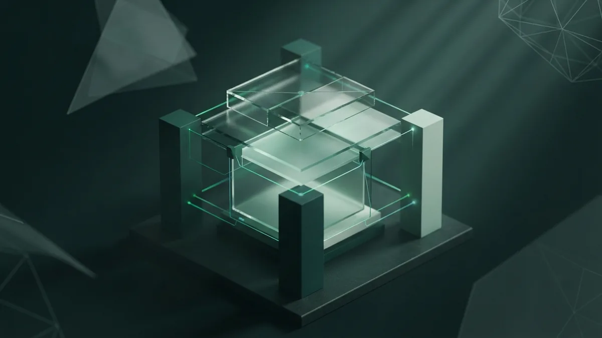 Abstract SEO foundation pillars Four balanced geometric pillars supporting a layered glass platform in emerald light
