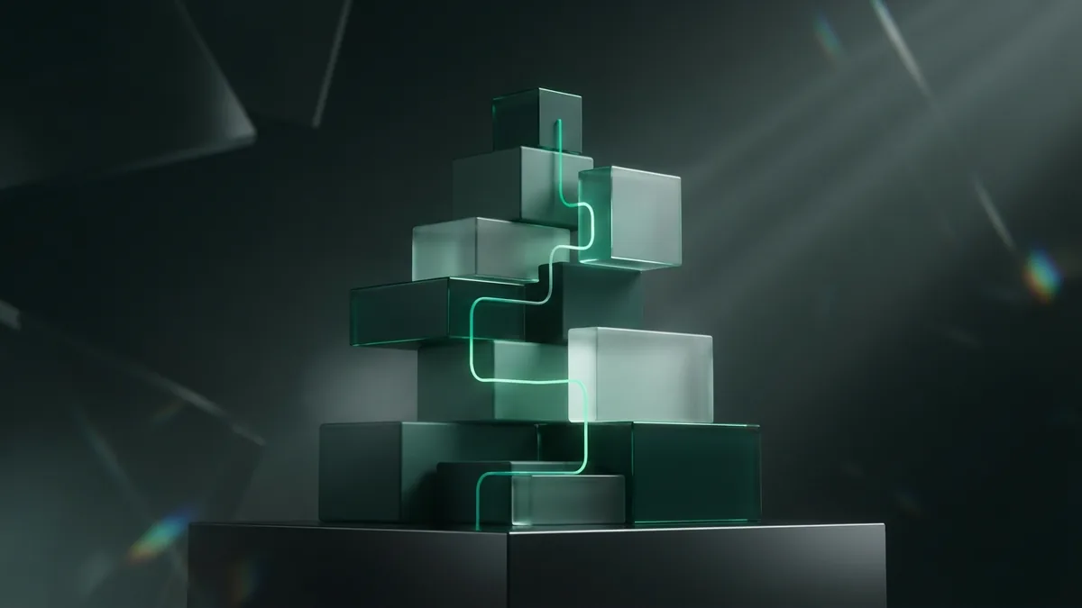 Steady growth through linked search paths Layered green geometric blocks linked by light to suggest steady business growth