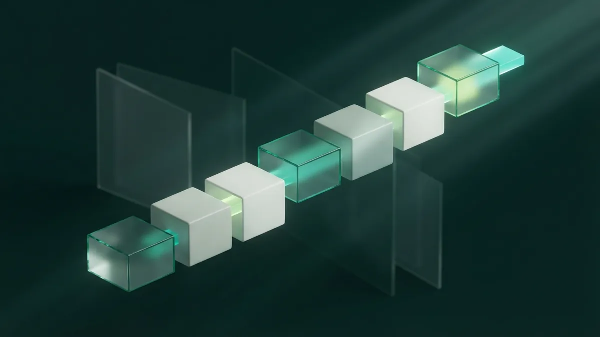 Seven connected development phases Seven linked geometric modules representing the phases of software development