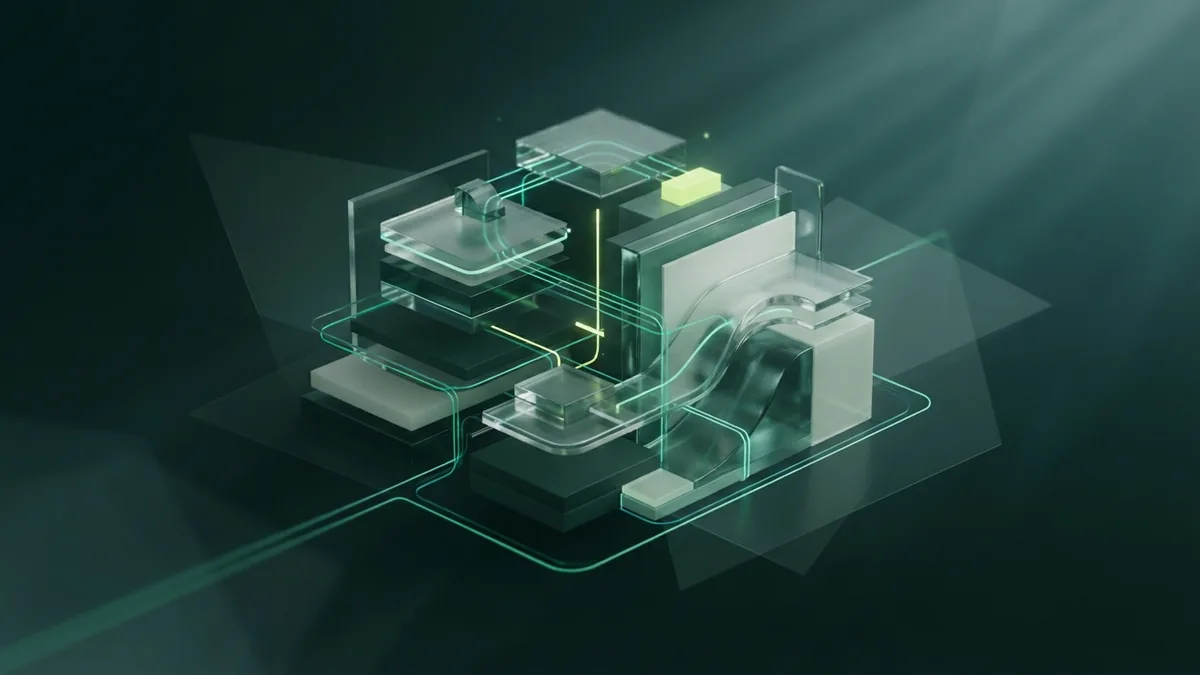 Connecting website features in an app Glass modules linked by green light paths to represent app screens sharing website features