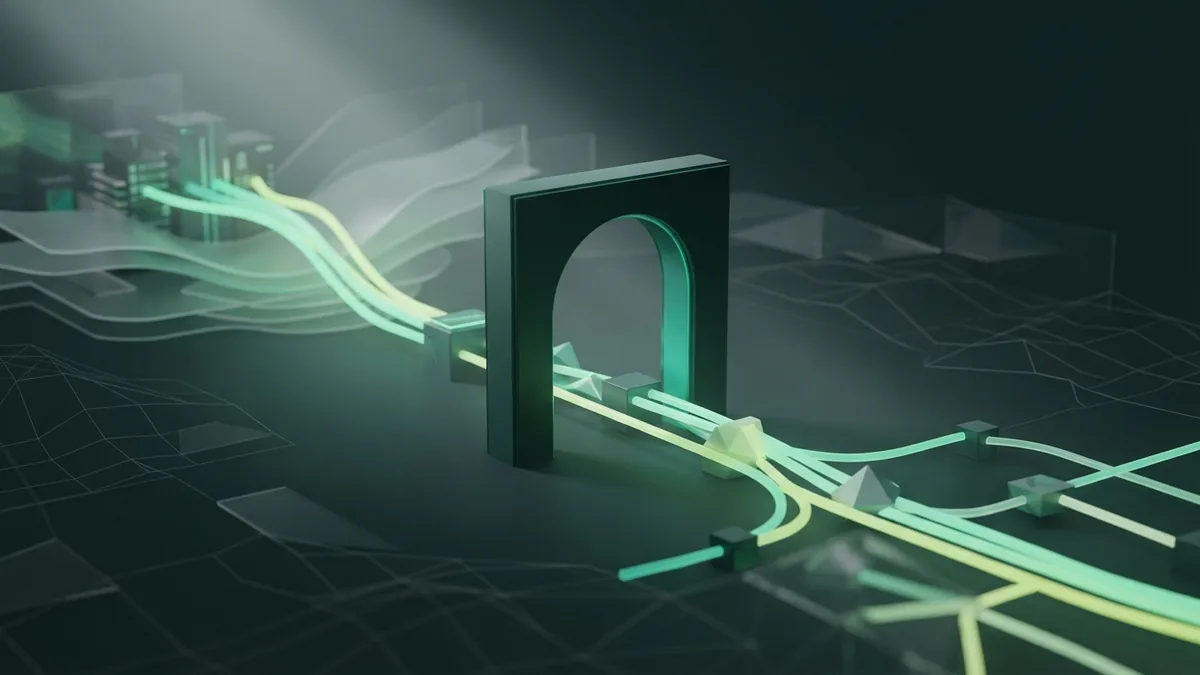 Testing an app before release Ordered network nodes and light paths symbolizing app testing and release