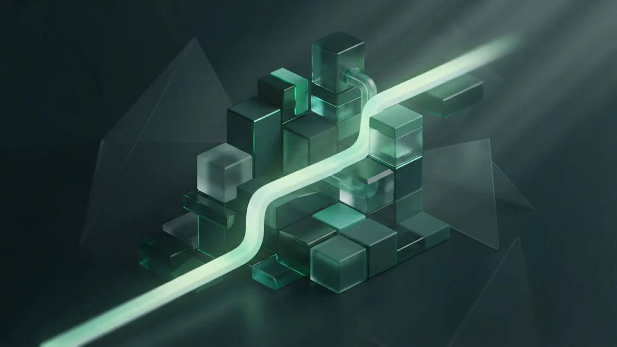 A sequence of app build stages Ordered modular blocks linked by light to represent app creation steps